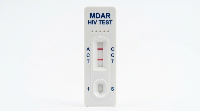 Professional medical rapid HIV diagnostic test cassette showing positive result with two distinct red lines indicating viral presence on isolated white background ideal for clinical
