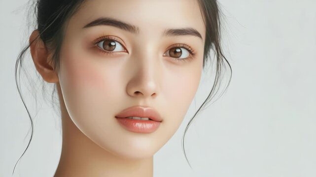 A beautiful young woman looking slightly away from the camera with soft, diffused lighting that highlights her skin and hair. Her expression is neutral yet inviting.
