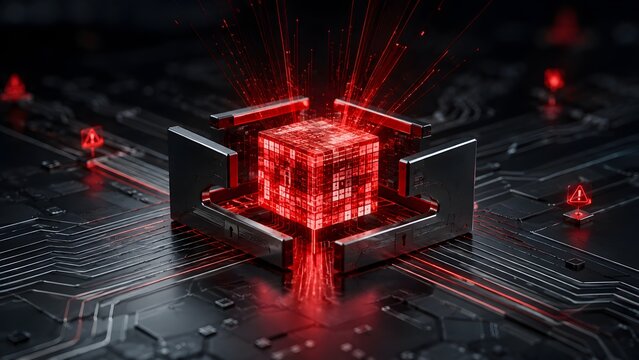 Glowing red digital core cube emitting laser rays on dark metal circuit motherboard for cybersecurity breaches, computer virus infection, and hardware critical failure.