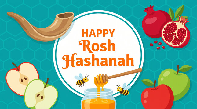 Rosh Hashanah, Rosh, Hashanah, joy, abundance, happy Rosh Hashanah, shana tova, shana, tova, happy shana tova, sweet, happy, festive illustration with shofar, honey, apples, and po
