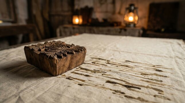 Traditional wooden batik stamp block on handmade textile