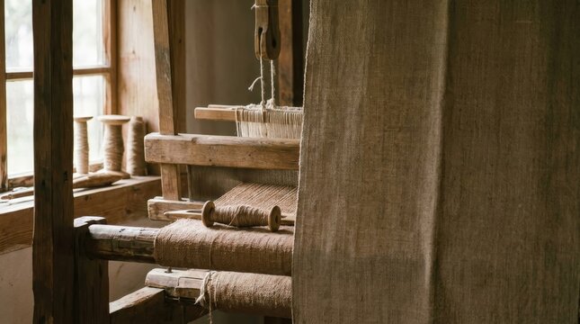 Traditional wooden loom with handwoven fabric by window