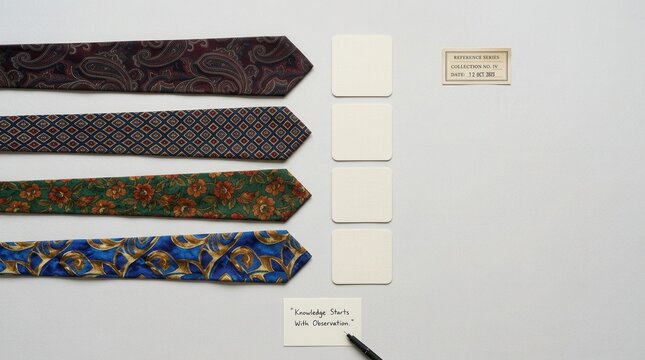 Elegant collection of four vintage patterned neckties arranged neatly beside blank white cards and a professional reference label on a clean surface, showcasing classic mens fashion style elements