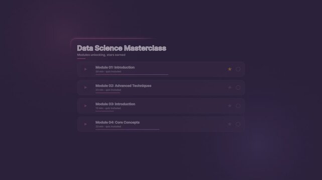 Data science masterclass user interface with interactive course module list