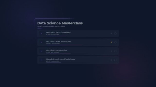 Data science masterclass interface showing course curriculum and module progress