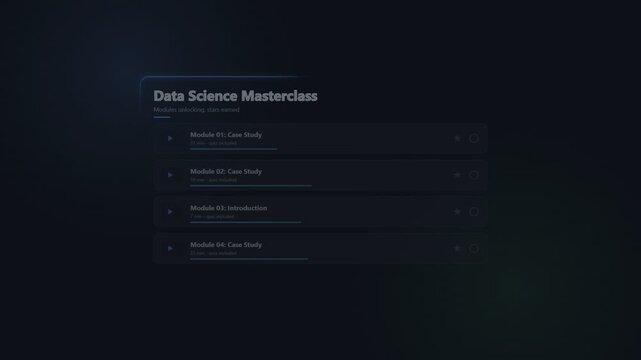 Data science masterclass user interface with interactive course module list