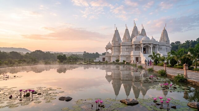 Paryushana Parva, pristine white marble temple beneath glowing sunrise with lotus pond and gentle mist