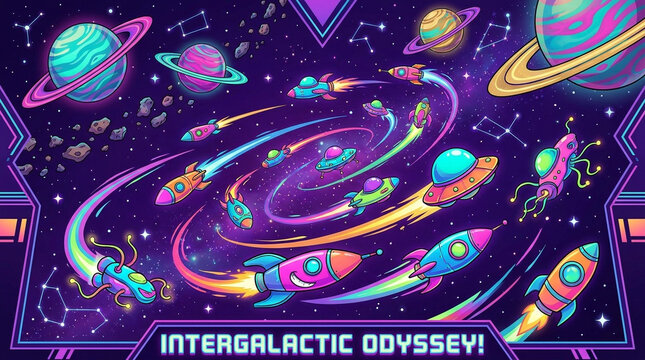Colorful intergalactic odyssey with planets, rockets, and vibrant cosmic energy swirls