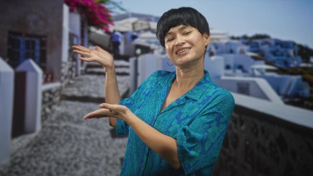 Woman in teal patterned shirt presenting with open hands and smiling, gesturing toward whitewashed buildings on a sunny cobblestone street; joyful travel.