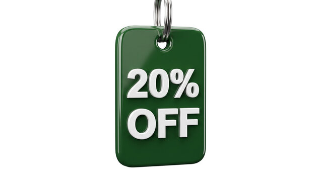 Green rectangular discount tag with 20 percent off text isolated on transparent background