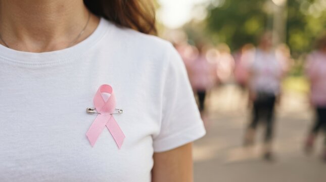 Woman wearing white t-shirt with pink ribbon pin representing breast cancer awareness and support during charity walk event