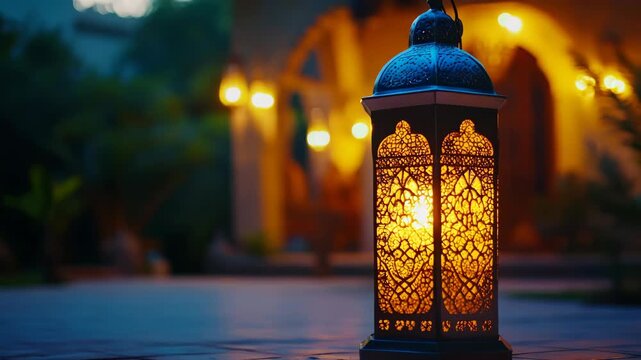 A lit lantern on a table in front of an illuminated building with arched doorways.