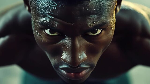 A man's determined expression as he prepares for a race in the water.