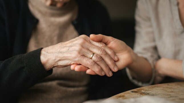Elderly senior woman holding hands with a younger caregiver in support and compassion, close-up of aging and youth hands representing care, love, and empathy in healthcare