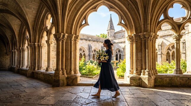 Woman in dark dress holding white lilies walks through ancient cloister arches with garden view