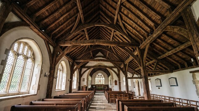 Interior of an ancient English church with a magnificent timbered roof and pews, evoking a sense of history and solemnity