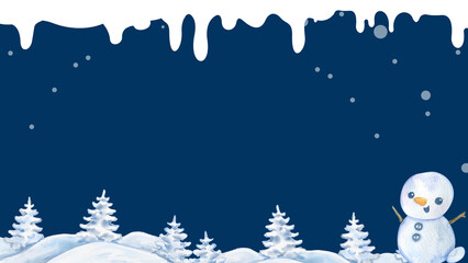 Winter night snowman background presentation with snowy pine trees and icicle border