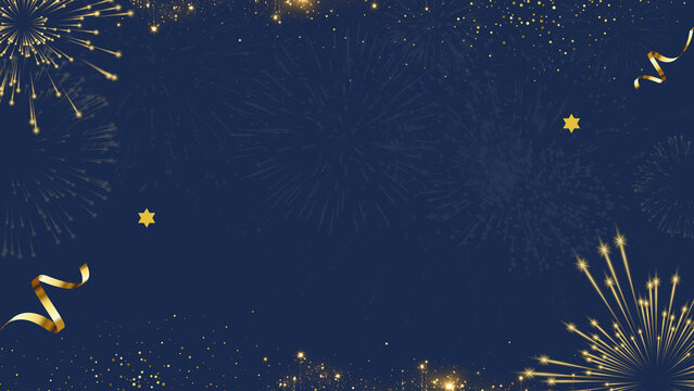 Luxury dark blue fireworks background presentation with gold confetti and ribbon