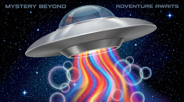 Vibrant retro UFO with colorful rainbow exhaust flying through cosmic space