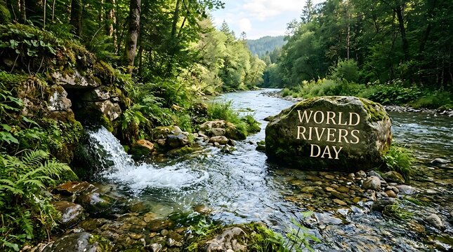 Crystal clear forest stream with small waterfall on world rivers day