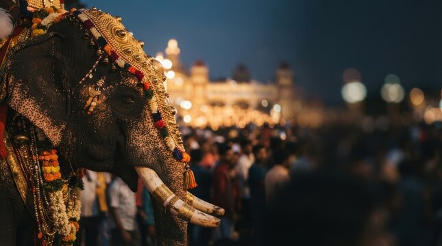 Decorated ceremonial elephant adorned with gold ornaments during a traditional Indian cultural festival procession at night