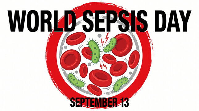 World Sepsis Day campaign badge with bacteria illustration and awareness date September 13