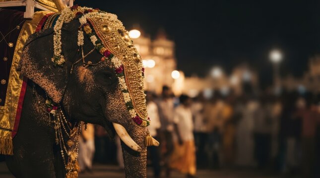 Majestic adorned elephant decorated for traditional cultural festival procession at night