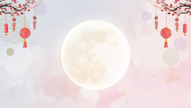 Mid autumn festival background presentation with full moon and red chinese lanterns