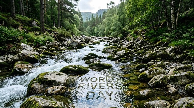 Mountain stream with mossy rocks for world rivers day