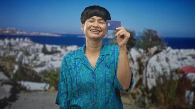 Woman holds creditcard up to camera with a smiling face at building by the sea, wearing a blue patterned shirt; vacation happiness.