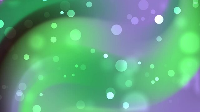 Flowing green and purple abstract waves with glowing bokeh particles