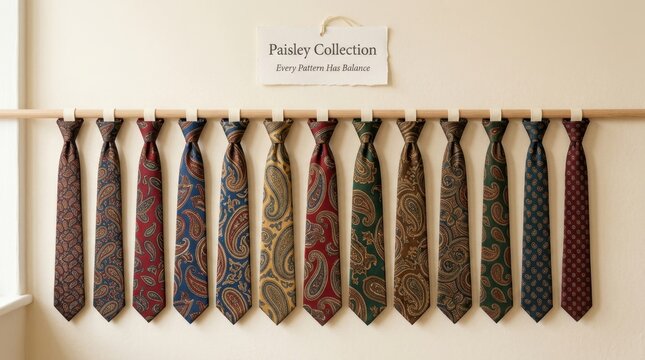 Elegant collection of thirteen premium paisley silk neckties hanging neatly on a wooden rod against a neutral wall backdrop perfect for formal fashion retail and professional corporate