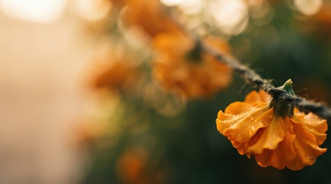 Orange marigold flower garland with dew drops hanging outdoors in warm sunlight for autumn decoration