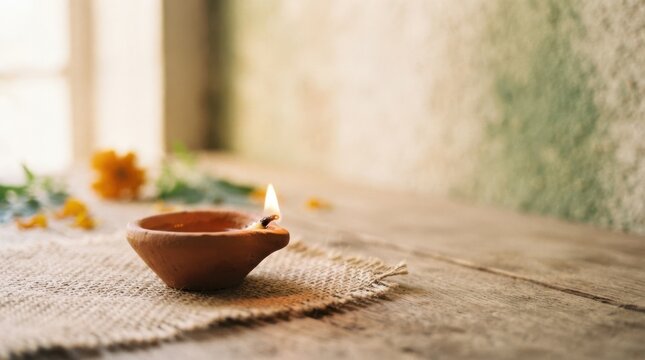 Traditional clay diya oil lamp lit for Diwali festival celebration on a rustic wooden table with flowers in the background representing Indian culture and spirituality