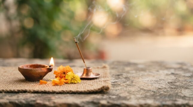 Traditional Indian oil lamp diya and burning incense stick with marigold flowers on a burlap mat for spiritual meditation and religious prayer ceremony