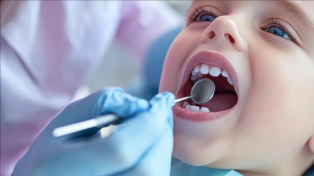 Child at dental office with open mouth, happy expression, and two dentists working together.