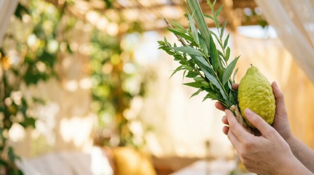 Woman holding a traditional Jewish Sukkot festival symbols Arba Minim lulav and etrog in a sukkah hut for holiday celebration