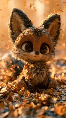 Naklejka premium A small fox character enjoys playing in colorful leaves as they fall around it. The warm light highlights the playful moment in a forest.
