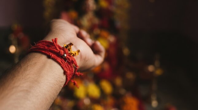 Close up of an Indian man wrist with red sacred thread kalava moly tied during a religious Hindu ceremony for worship protection and blessing
