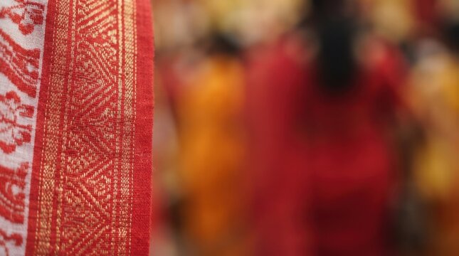 Traditional Assamese Gamosa textile close up with blurred Indian festival crowd background representing cultural heritage and celebration
