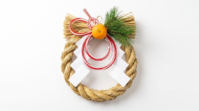 Traditional shimekazari new year wreath with daidai orange and shide isolated on white studio photo
