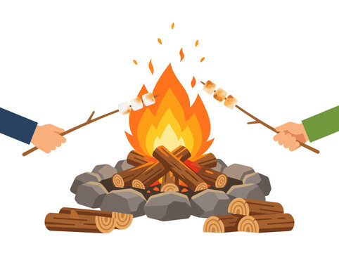 Two people roasting marshmallows over a cozy campfire with logs and stones, a classic outdoor leisure activity.