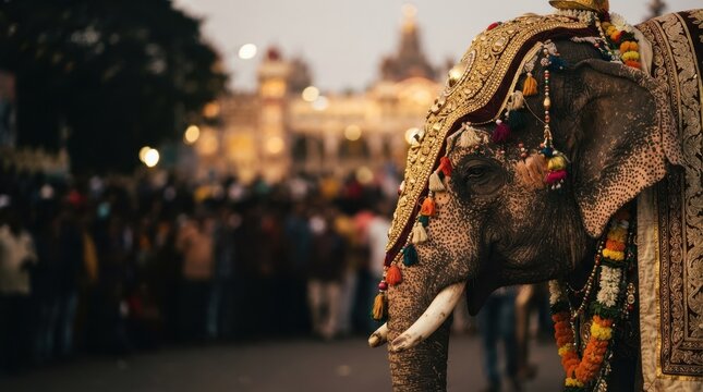 Decorated ceremonial Indian elephant in traditional attire during a cultural festival procession in front of a majestic palace