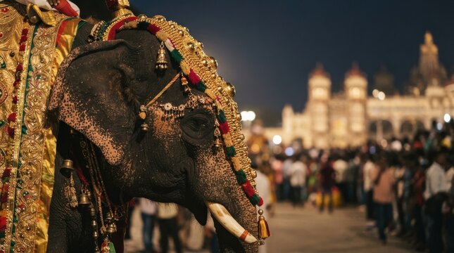 Decorated elephant in traditional ceremonial attire during a night festival procession with illuminated palace backdrop