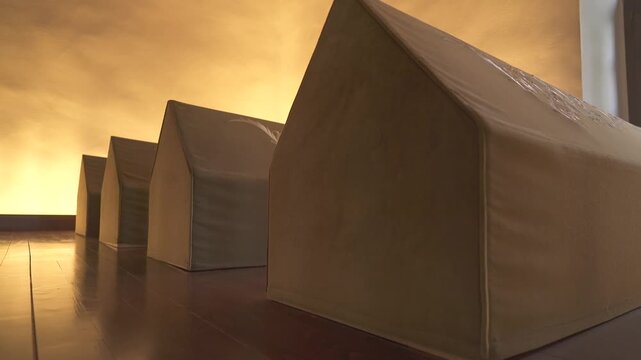 Closed coffins inside historic mausoleum tombs, funeral caskets in dim indoor chamber.