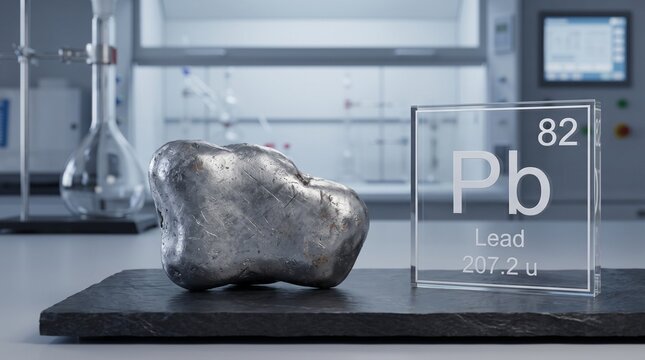 Pure lead metal sample with chemical element symbol Pb and atomic number 82 in a science laboratory setting