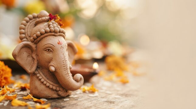 Clay idol of Lord Ganesha for Hindu festival worship surrounded by marigold flowers and lit oil lamp with copy space