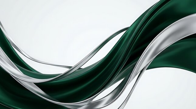 Dark emerald green flowing fabric waves combined with smooth metallic silver ribbons create elegant abstract design for luxury background visuals