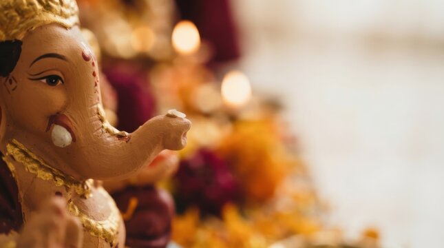 Ganesha idol close up for Hindu festival celebration with glowing lights and marigold flowers representing spirituality and tradition