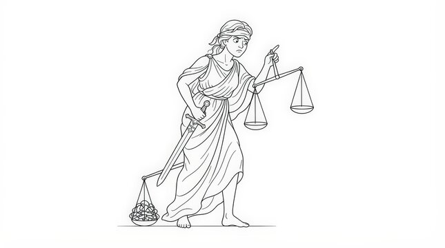 Line Art of Lady Justice Examining an Empty Scale Pan, Reflecting Concern for Justice